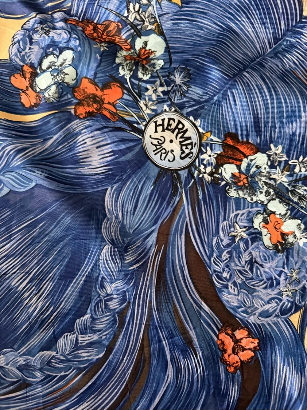 Hermès Eva Blue Floral Goddess Silk Scarf.